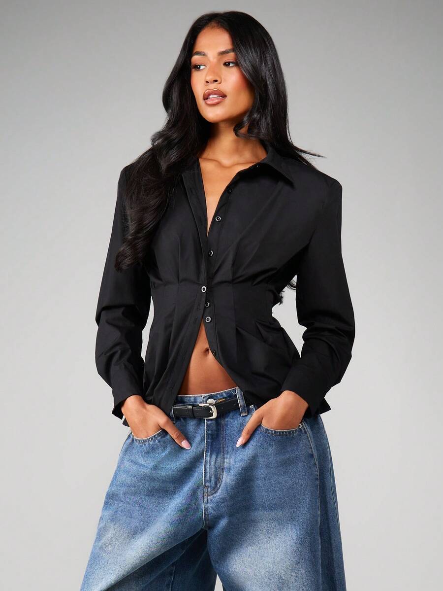 MISSGUIDED Áo sơ mi công sở chuyên nghiệp tay dài cài nút cổ điển ôm eo bằng vải poplin - màu đen - Xem 1