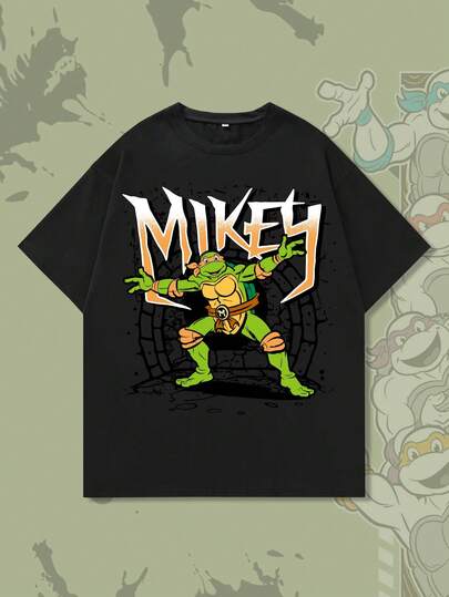 TEENAGE MUTANT NINJA TURTLES X ROMWE Men's Casual Comfortable Turtle Print Short Sleeve T-Shirt, Black, Autumn/Winter