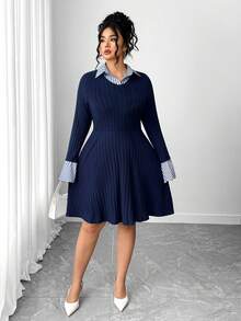Elenzga Plus Size Elegant Collared Long Sleeve Ribbed Patchwork Knit Dress - Navy Blue - View 7