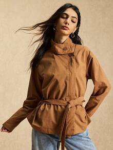 Easelle Women's Brown Woven Stand Collar Drop Shoulder Long Sleeve Fashionable And Versatile Regular Coat, Perfect For Autumn And Winter - Brown - View 3