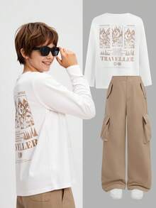 SHEIN 青少年男孩休闲长袖 T 恤套装、侧袋 3D 贴片宽松直筒纯色梭织裤、工装裤 - 卡其色 - 查看 1