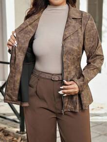 Vionelle Plus Size Women's French Style Casual V-Neck Long Sleeve Faux Leather Jacket, Autumn/Winter - Brown - View 8