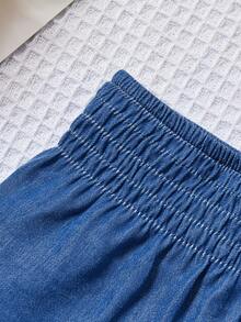 SHEIN Quần short cạp chun đơn giản, đa năng, thoải mái cho bé gái, nhẹ nhàng cho mùa hè - Màu xanh lam - Xem 4