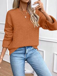 EMERY ROSE Women's Loose Fit Crew Neck Pullover Sweater With Ribbed Cuffs - Burnt Orange - View 3
