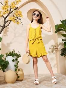 Young Girl Solid Ruffle Hem Belted Cami Romper - Mustard Yellow - View 3