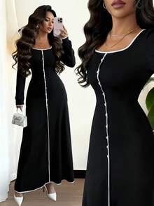 Elenzga Vestido casual elegante de mujer con cuello cuadrado, mangas raglán, cintura recogida y abotonadura decorativa en bloques de color, para otoño/invierno - Negro - Ver 1