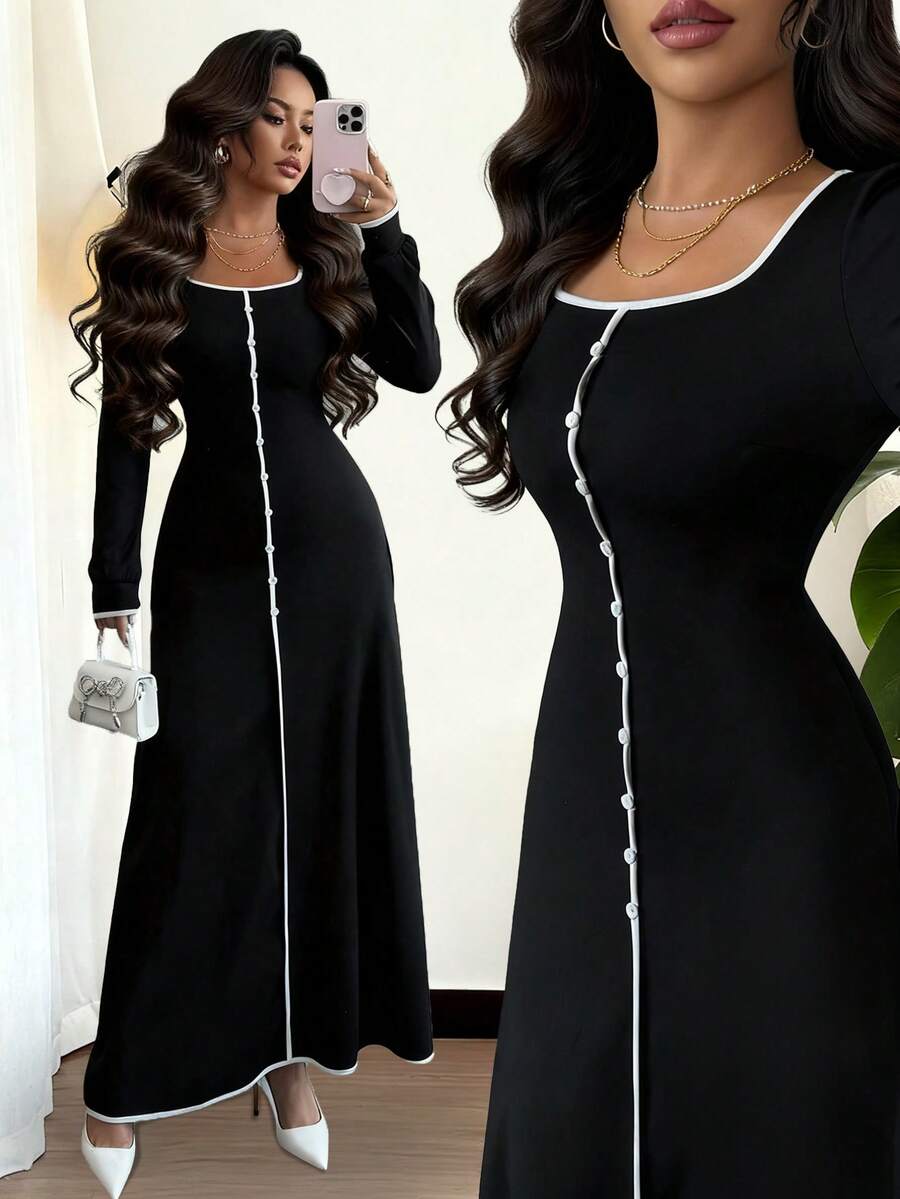Elenzga Vestido casual elegante de mujer con cuello cuadrado, mangas raglán, cintura recogida y abotonadura decorativa en bloques de color, para otoño/invierno - Negro - Ver 1