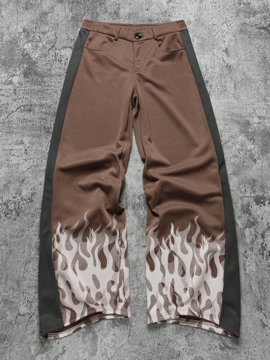 Manfinity Homme 1 pezzo Pantaloni casual da uomo con vita semi-elastica e zip, con motivo patchwork marrone e grigio scuro con stampa a fiamma, regalo per il fidanzato/marito, regalo per l'anniversario, autunno