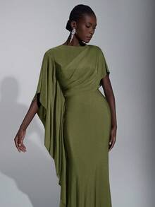 Elitara Elegant Luxurious Navy Blue Satin Ruffle Sleeve Sexy Slit Fishtail Bridesmaid Dress