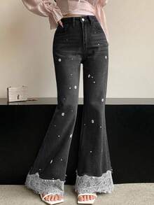 DAZY Quần Jeans Ống Loe Ôm Dáng Quyến Rũ Cho Nữ, Quần Thường Ngày Có Viền Ren Rỗng, Họa Tiết Hoa Thêu Chắp Vá - màu đen - Xem 5