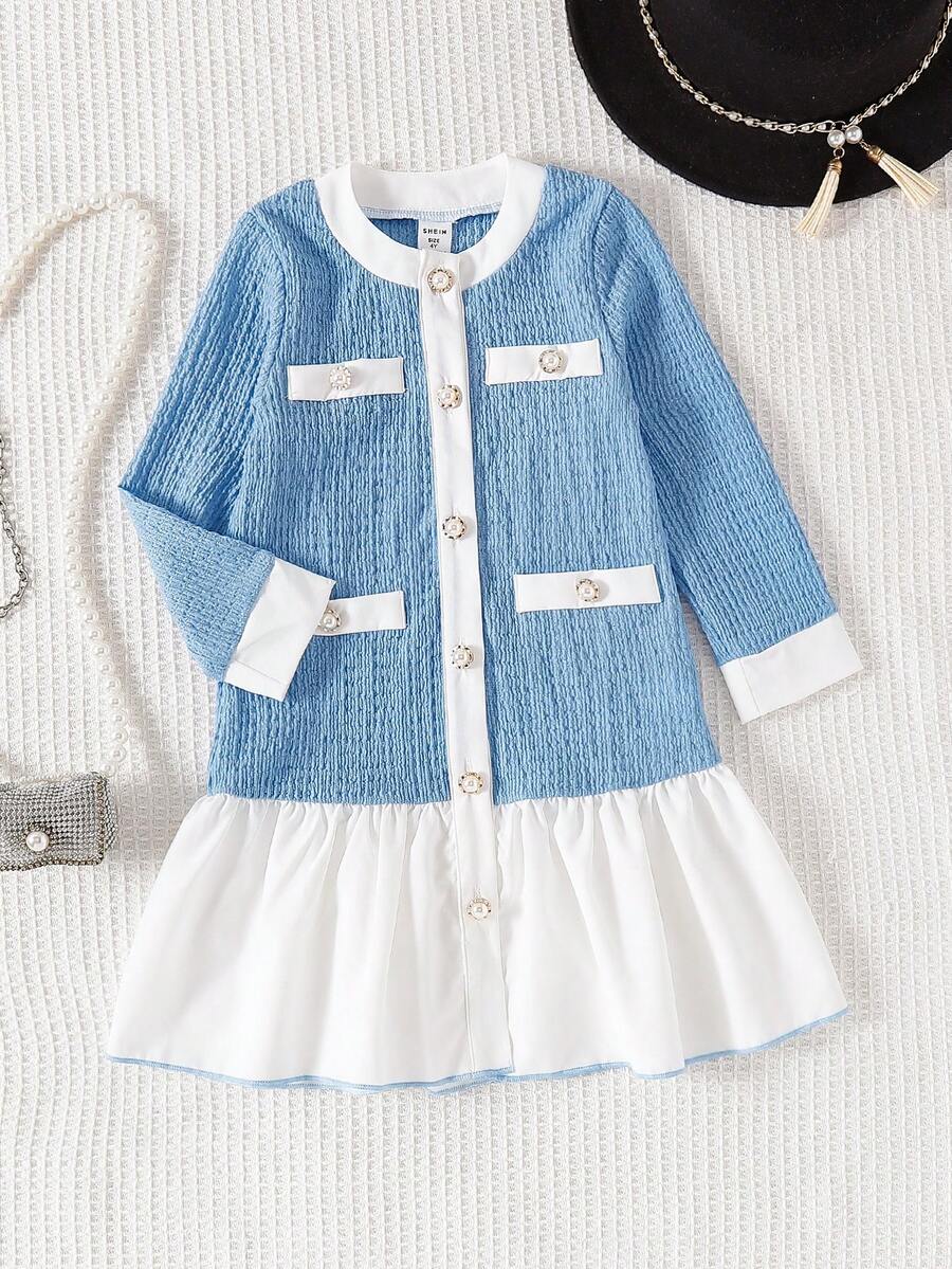 Young Girl Colorblock Faux Pearl Button Patchwork White Ruffle Hem Long Sleeve Dress - Blue - View 1