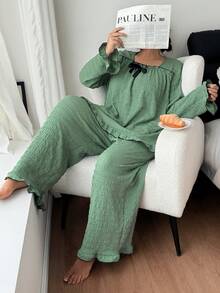 Dream Adore Ensemble pyjama femme casual avec Top à manches longues col rond, volants, nœud papillon et contraste de couleurs, et pantalon. grande taille, vêtements d'hiver - Vert - Voir 5