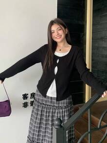 Dazy Plus 拼色波点二合一圆领休闲长袖大码女式T恤，春秋装 - 黑色 - 查看 7