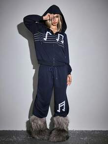 ROMWE Avant Bộ 2 áo hoodie có khóa kéo in nốt nhạc thường ngày dành cho nữ và quần dài - Màu xanh hải quân - Xem 1