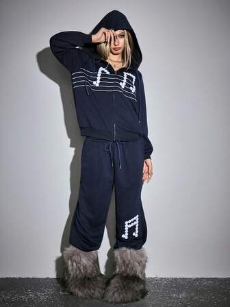 ROMWE Avant 2 Stücke Damen Lässig Alltags Set aus Reißverschluss-Hoodie Jacke und Hose mit Musiknoten Muster