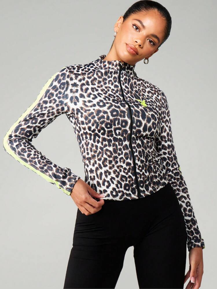 Missguided x Playboy Leoparden-Muster Trainingsjacke mit Reißverschluss, Langarm, Kontraststreifen-Detail, Sportbekleidung
