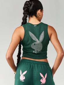 Missguided x Playboy 奢华水晶镶嵌兔子标志无袖短款上衣时尚个性单品迷人晚会修身背心 - 綠色 - 查看 2