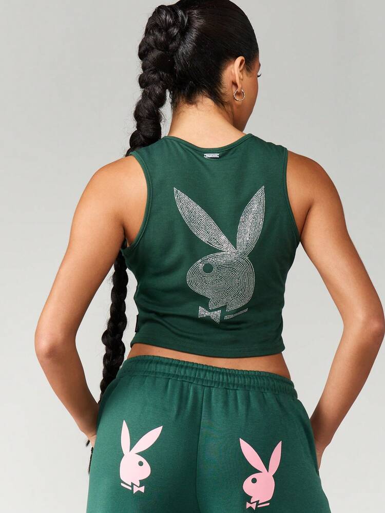 Missguided x Playboy Luxurious Crystal Studded Bunny Logo Sleeveless Crop Top Fashion Statement Piece Glamorous Evening Party Fitted Tank