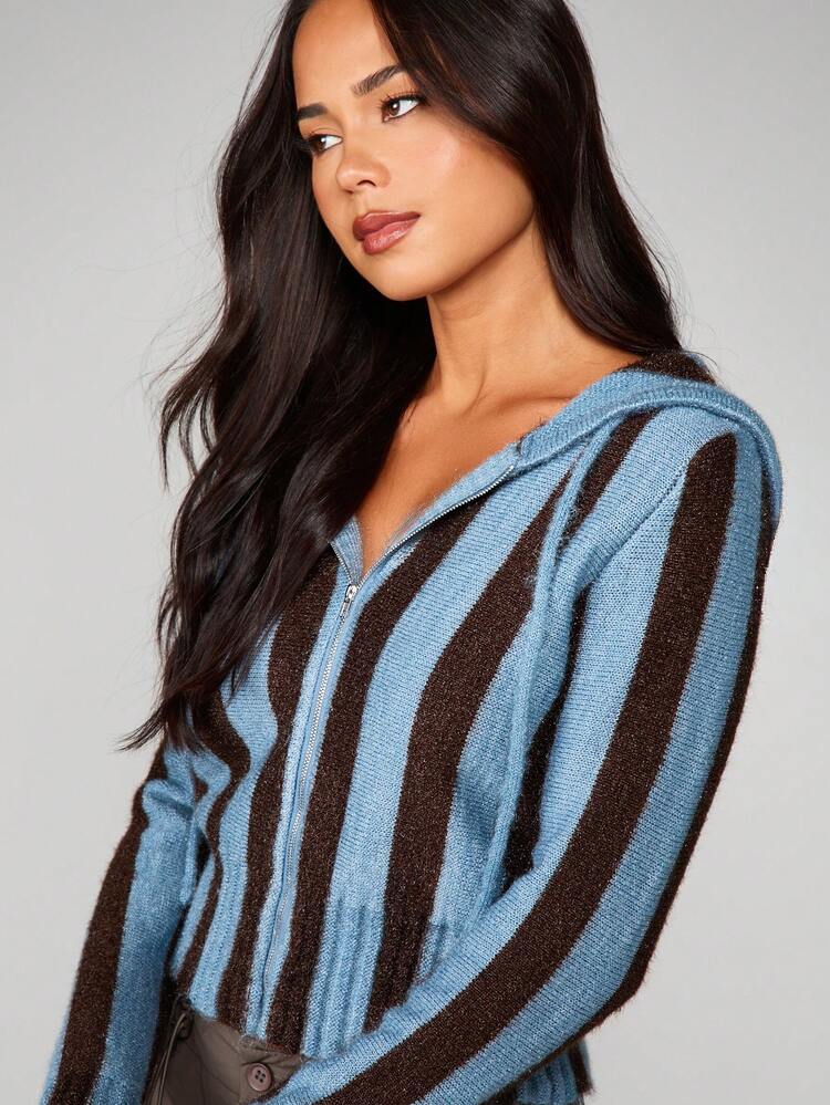 MISSGUIDED Hooded Zip Up Cable Knit Striped Cardigan With Long Sleeves Fall Winter Layering Sweater