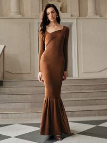 Anewsta Savoree Women's Fitted Solid Color Knit Sweater Dress, Autumn/Winter - Coffee Brown - View 4
