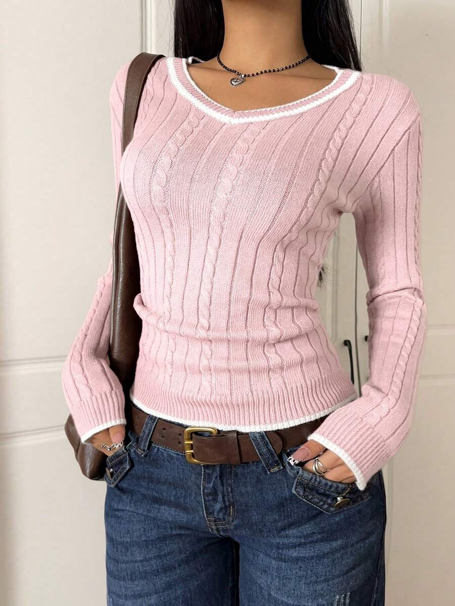 SHEIN EZwear 女士撞色优雅V领长袖套头针织衫，粉色长袖上衣，浅粉色罗纹针织衫，女士长袖上衣，秋季女装 - 粉色 - 查看 1