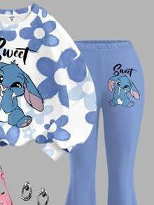 SHEIN Leap Crew Kawaii Cartoon Blue Rabbit Lulu & Stitch Pattern, Blue Ombre Floral, Tween Girls Knit Crew Neck Letter Graphic Loose Sweatshirt And Flare Pants 2 Piece Casual Set - Multicolor - View 6