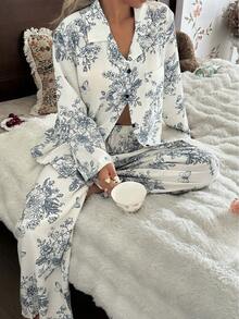 CottageSlumber Bộ đồ ngủ dài tay họa tiết hoa lãng mạn dành cho nữ và quần dài, trang phục thu đông - Nhiều màu - Xem 1