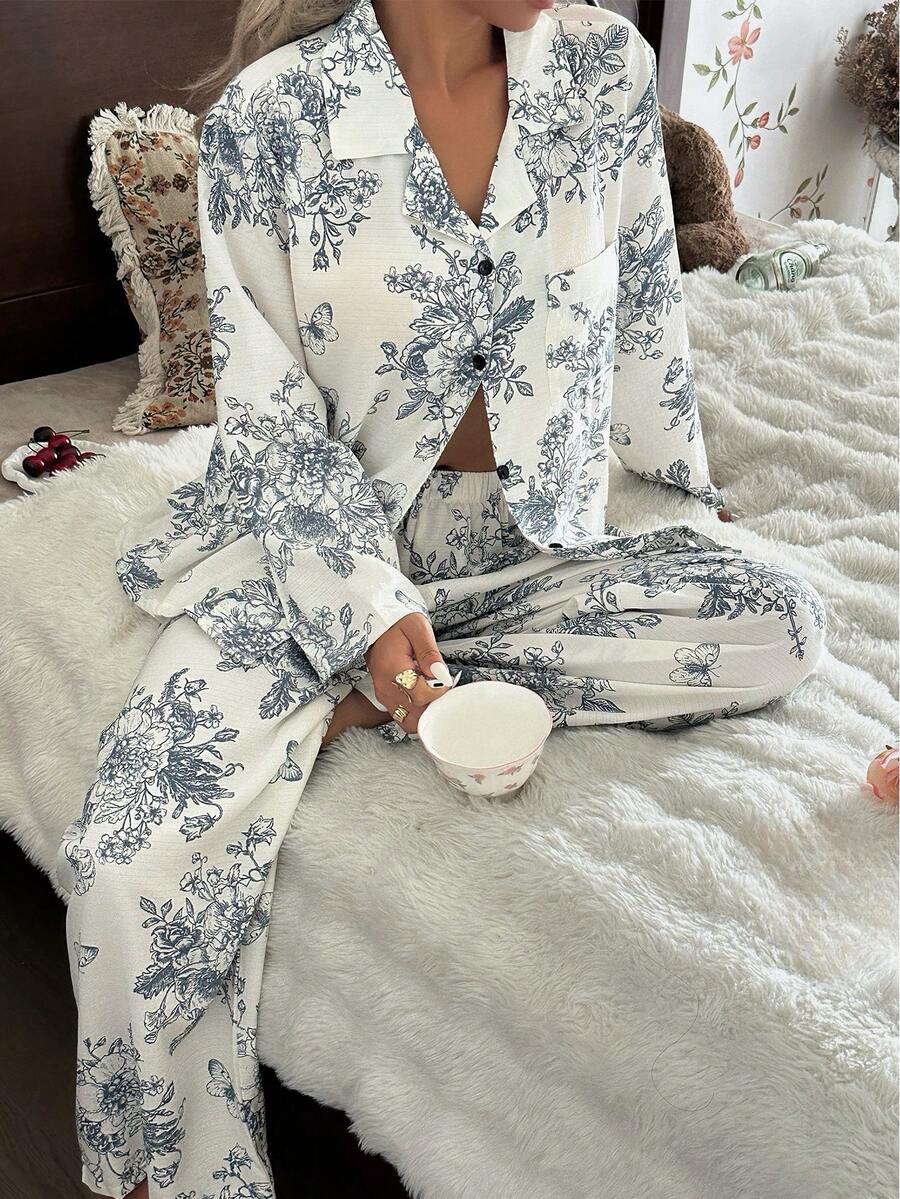 CottageSlumber Bộ đồ ngủ dài tay họa tiết hoa lãng mạn dành cho nữ và quần dài, trang phục thu đông - Nhiều màu - Xem 1
