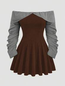 Sweetra Váy kẻ caro hở vai 2 trong 1 cỡ lớn, thường ngày, mùa thu - màu nâu - Xem 1