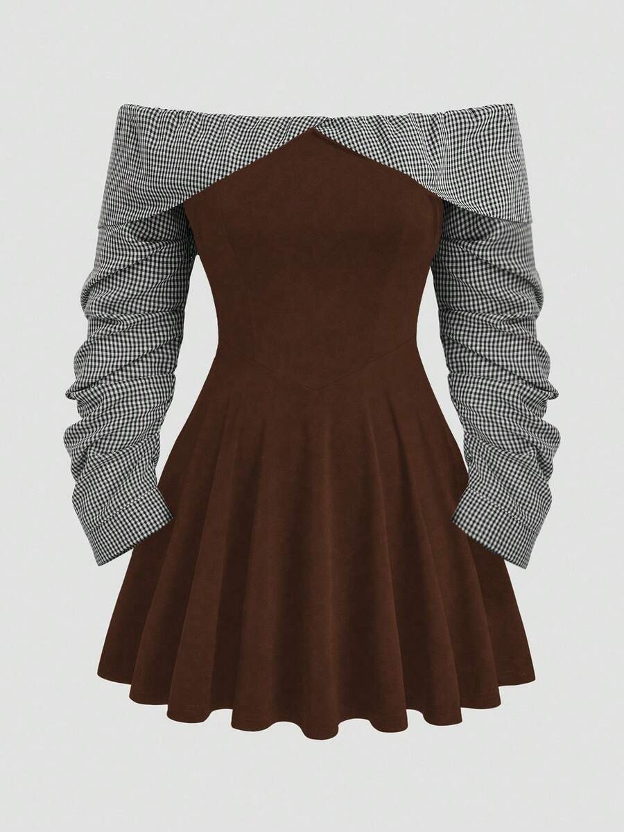 Sweetra Váy kẻ caro hở vai 2 trong 1 cỡ lớn, thường ngày, mùa thu - màu nâu - Xem 1