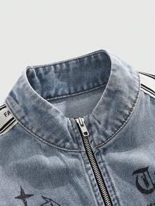 ROMWE MEN Street Life 男士落肩撞色条纹立领拉链时尚百搭创意玫瑰图案牛仔夹克 - 藍色 - 查看 9