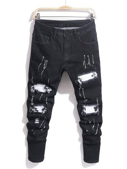 Manfinity Homme Jeans casuales de mezclilla ajustados y rotos con bolsillos para hombres