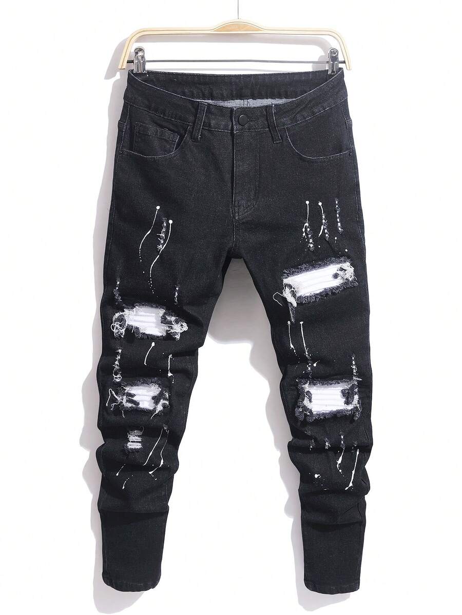 Manfinity Homme Men's Slim Fit Ripped Pocket Casual Denim Jeans Men Ripped Jeansstreetwear Jeans Drip Jeans Manfinity Legnd Men Cotton Splash Ink Ripped Jeans - Black - View 1