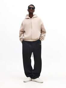 SUMWON 男士短款修身拉链连帽衫，带抽绳，休闲街头风卫衣，纯色 - 杏色 - 查看 4