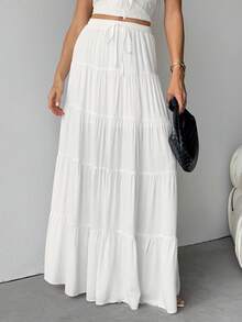 SHEIN Tall 女士春夏新品纯米色亚麻长款A字裙，优雅休闲波西米亚风长裙，适合秋冬聚会、约会 - 白色 - 查看 5