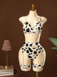 5pcs/Set Women's Sexy Cow Print Lingerie Set ClassicAnimalPrint - Black and White - View 5