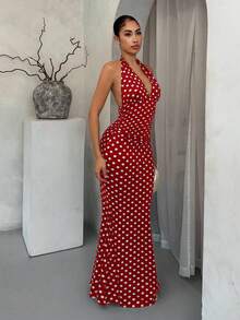 SHEIN SXY 女式性感深V领波尔卡圆点优雅吊带鱼尾下摆连衣裙 - 玫瑰紅 - 查看 6