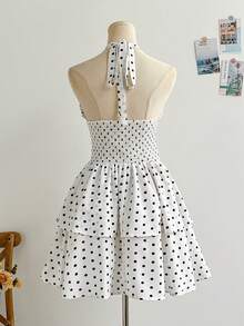 Soleia 全新休闲度假西部海滩婚礼宾客服装毕业早午餐礼服，适合圣帕特里克节、春假、复活节、音乐节，优雅波西米亚风热带波尔卡圆点荷叶边系带迷你连衣裙 - 黑與白 - 查看 2