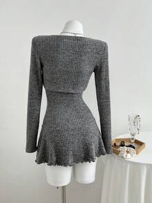 Elamini 2 件套女士秋冬时尚外套柔软拉绒罗纹面料长袖上衣和褶皱腰迷你连衣裙套装，适合外出和派对