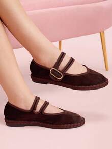 CUCCOO DOLLMOD Women's Dark Brown Elegant Velvet Classic Comfortable Velvet Parallel Double Strap Mary Jane Flat Shoes Spring Shoes - Brown - View 8