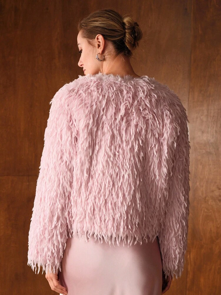 V NECK LONG SLEEVE FAUX FUR COAT FOR AUTUMN & WINTER