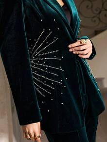 ZEYLAH 天鹅绒刺绣珠饰修身西装外套，秋冬 - 墨綠色 - 查看 3