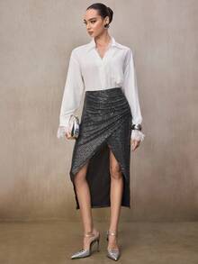 Modelyn Women's Elegant Mid-Length High Waist Fitted Sequin Black Skirt, Stylish And Slimming For Autumn - Black - View 3