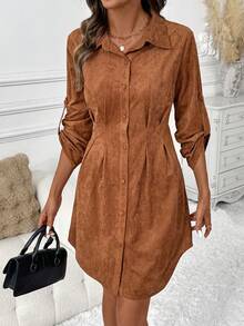SHEIN Clasi Women's Suede Fleece Shirt Dress, Suitable For Commuting, Outings, And Gatherings,Winter Dress Fall Clothes For Women Autumn Dress Elegant Brown Dress - Brown - View 3