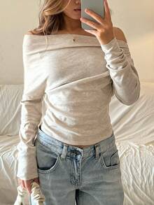 SHEIN 青少年女孩休闲不对称 T 恤，扭结纯色 T 恤，适合日常、通勤、家居穿着，花卉网眼长袖 T 恤 - 杏色 - 查看 5