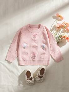 Souflis Souflis Suéter de niña para otoño/invierno, linda parte superior de manga larga con cuello redondo para bebé niña, suéter con decoración floral delicada, ropa exterior para bebé niña adecuada para fiestas y uso diario, puede usarse como regalo - Rosa - Ver 1