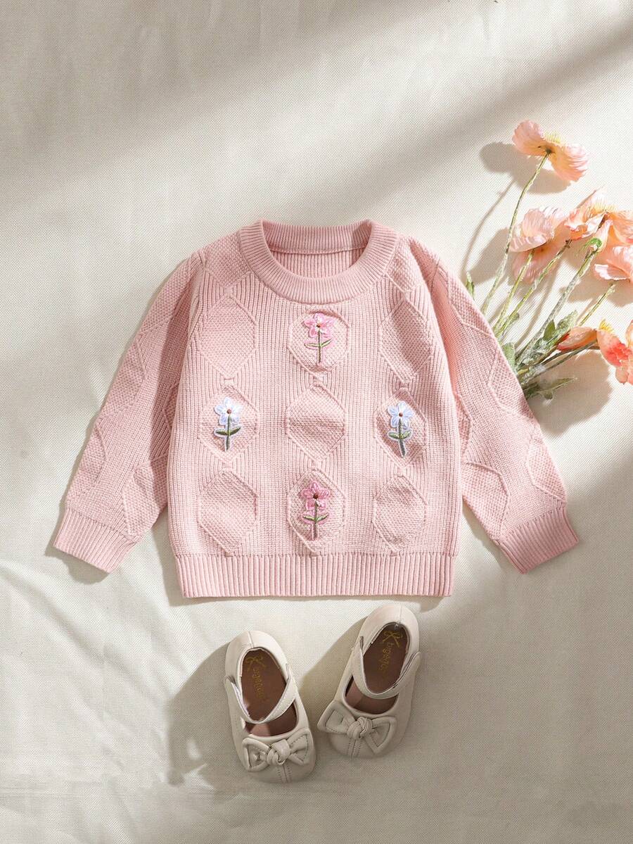 Souflis Souflis Suéter de niña para otoño/invierno, linda parte superior de manga larga con cuello redondo para bebé niña, suéter con decoración floral delicada, ropa exterior para bebé niña adecuada para fiestas y uso diario, puede usarse como regalo - Rosa - Ver 1