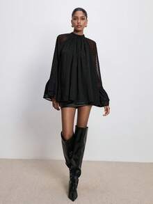 ATUI Studio Women's Long-Sleeved Blouse With Wide-Sleeved Ruffles And Lace Details, Elegant, Retro, And Romantic Embroidered Details,Polka Dot Wide-Sleeved Blouse With Ruffles,Autumn/Winter Women's Clothing,Autumn Top,Women's Business Casual Wear. - Black - View 2