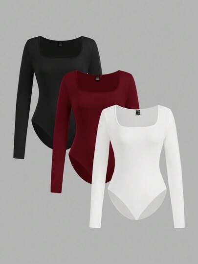 SHEIN EZwear 3 Stücke Damen Rundhalsausschnitt Langarm Enges Outfit, geeignet für Frühling und Herbst