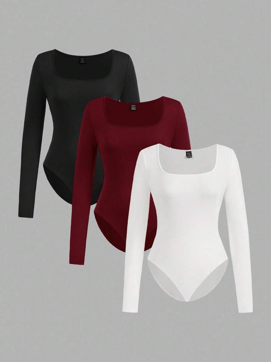 SHEIN EZwear 3pcs Women's Crew Neck Long Sleeve Tight Fitting Outfit, Suitable For Spring And Autumn,Fall,Fall Clothes For Women - Multicolor - View 1